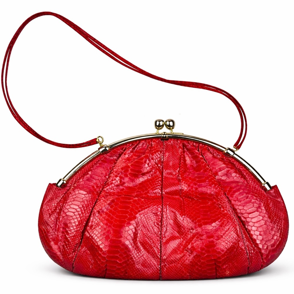 Judith Leiber Vintage, Red, Gold Snakeskin Embossed Evening Shoulder Bag Purse